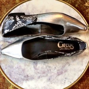 Circus by Sam Edelman silver and snakeskin flats.
